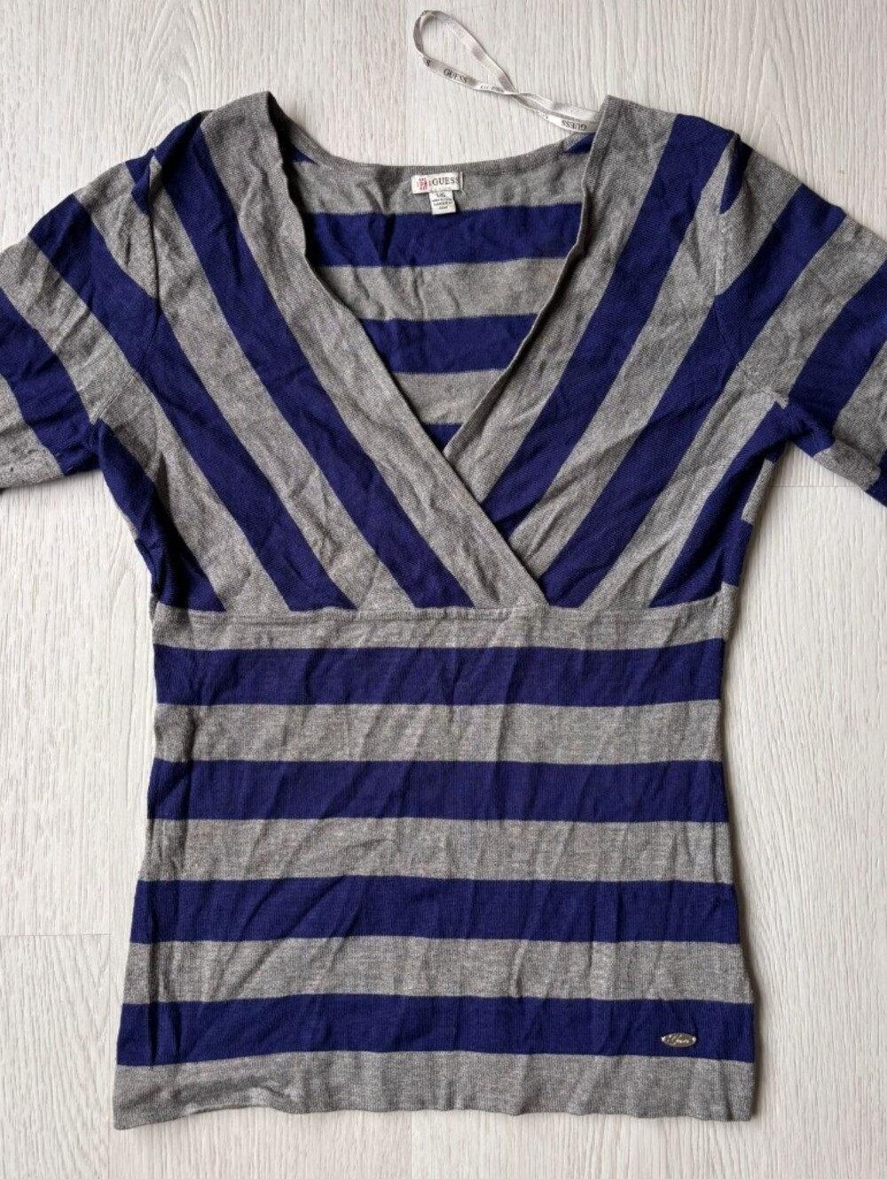 Guess Striped V-Neck Top in Blue and Gray Size L
